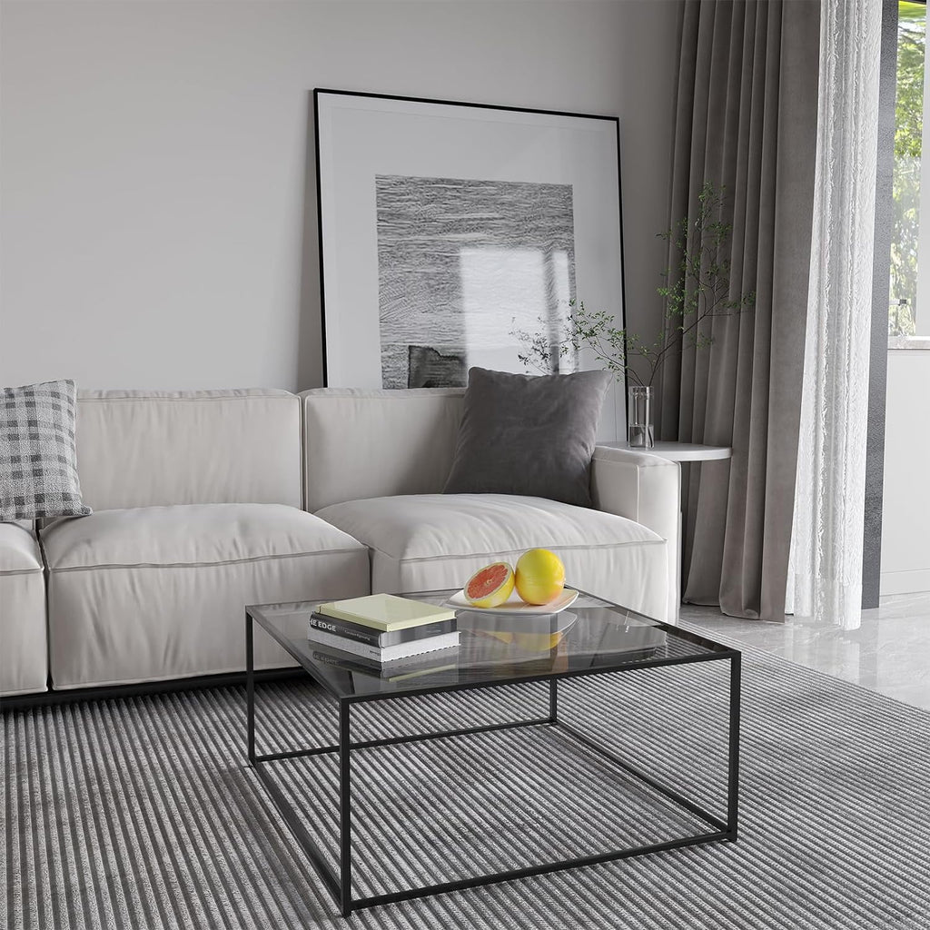 Square Glass Coffee Tables 26.7 x 26.7 x 15.7 Inches Gray Black M45878