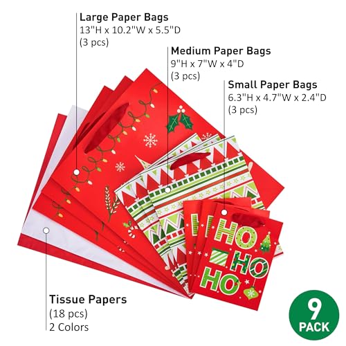 Assorted Sizes Christmas Gift Bags with Tissue Paper, 9 Pack V470