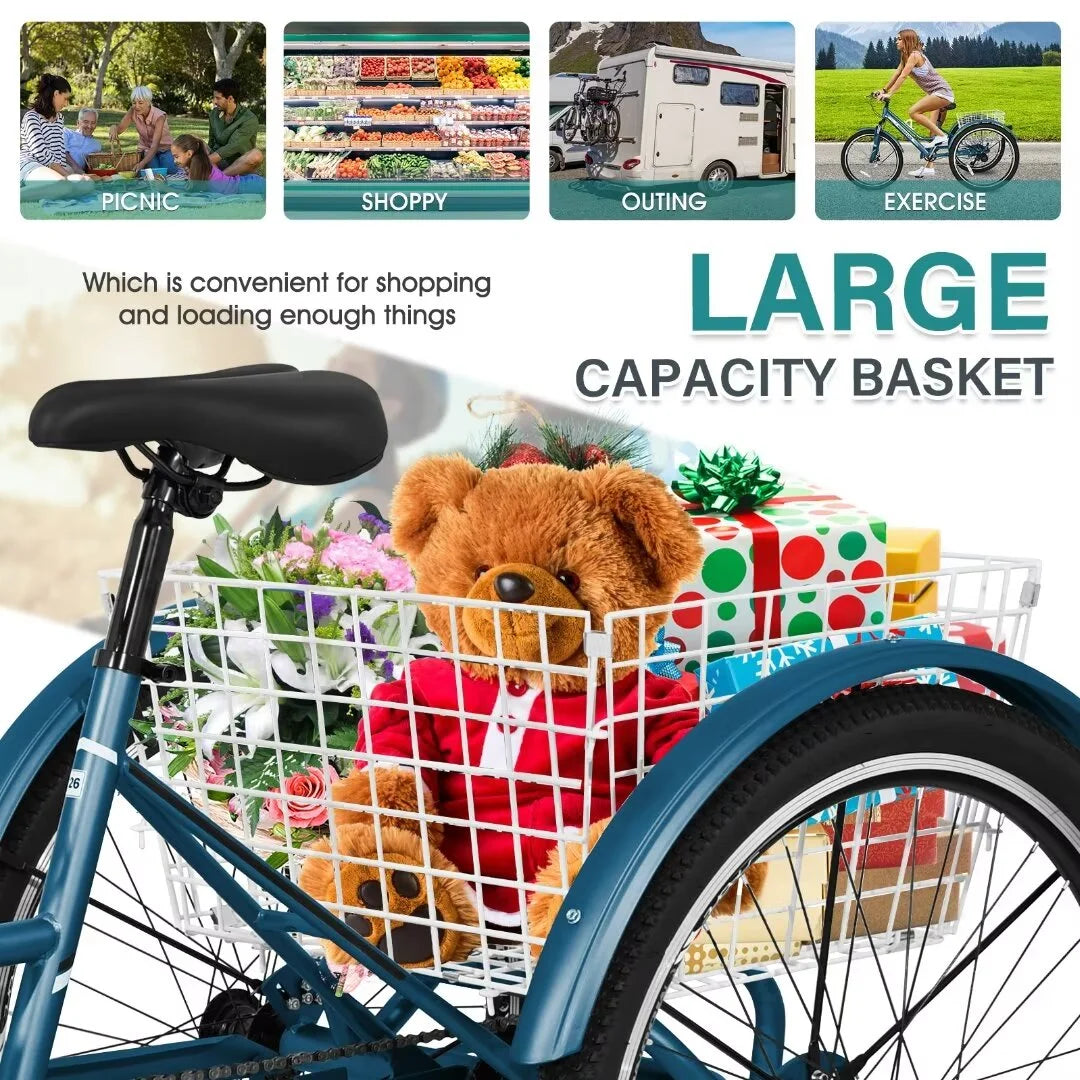 Adult Tricycle 7 Speed 26 Inch Three Wheel Bike with Shopping Basket R47168