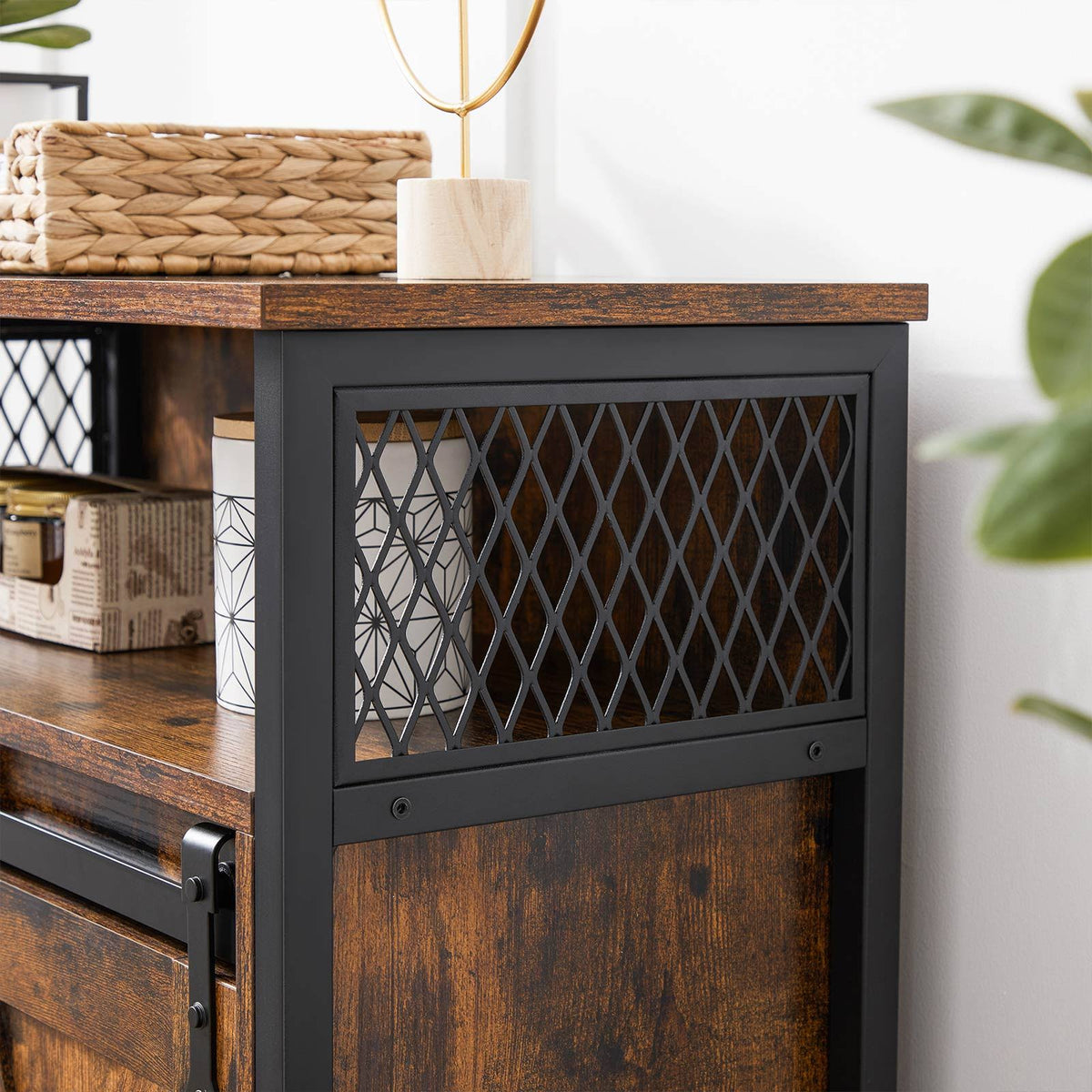 Rustic Brown Black Storage Sideboard with Barn Door E136933