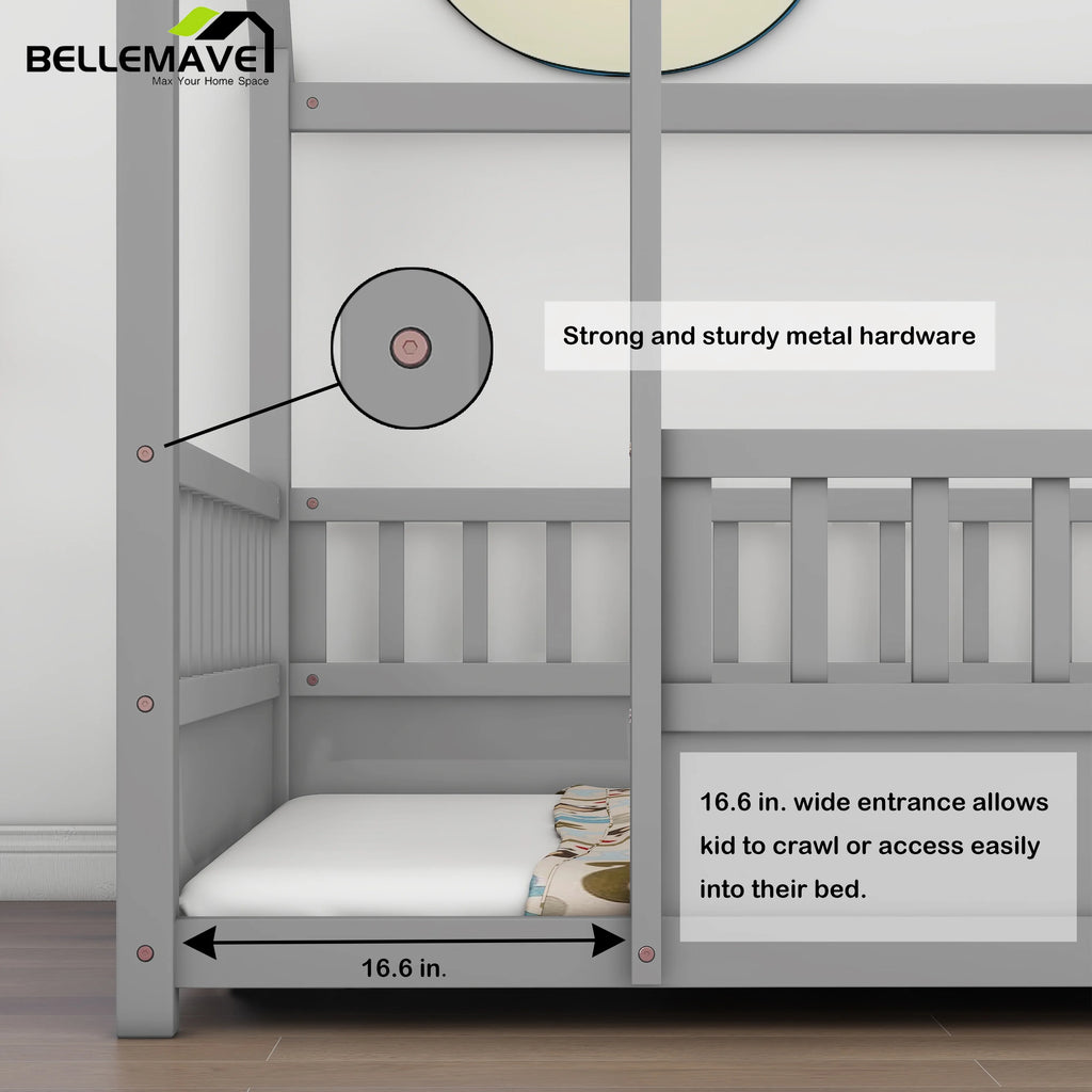 Full Size Gray Wood Floor Bed Frame with Guardrails U2036
