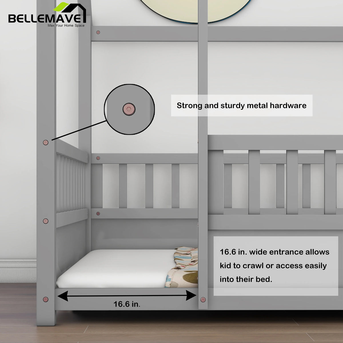 Full Size Gray Wood Floor Bed Frame with Guardrails U2036