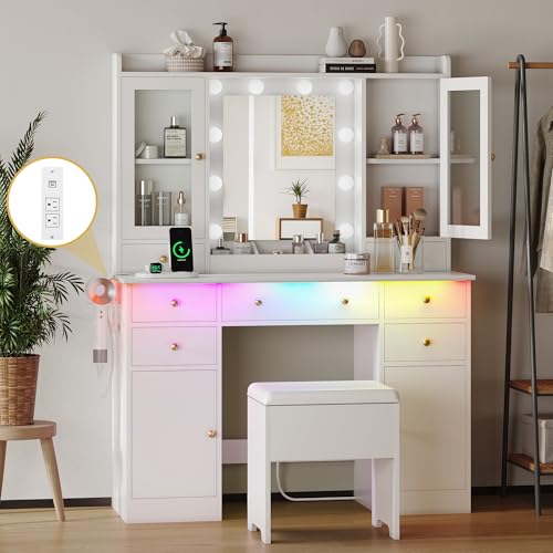 White Vanity Desk with Mirror and Lights and Storage Drawers B83910