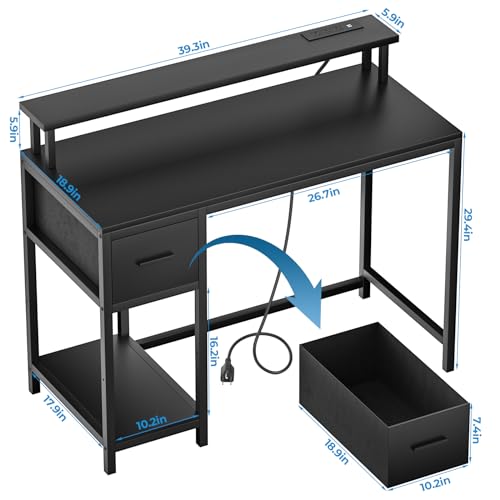Black Gaming Desk with LED Lights and Drawer S390