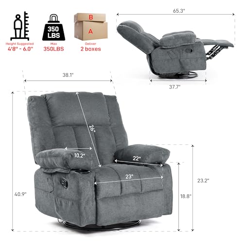 Recliner Chair Massage Fabric Recliners with Heated, 360 Degree Swivel Single Sofa with Cup Holders and Side Pockets Rocking Chair X93338