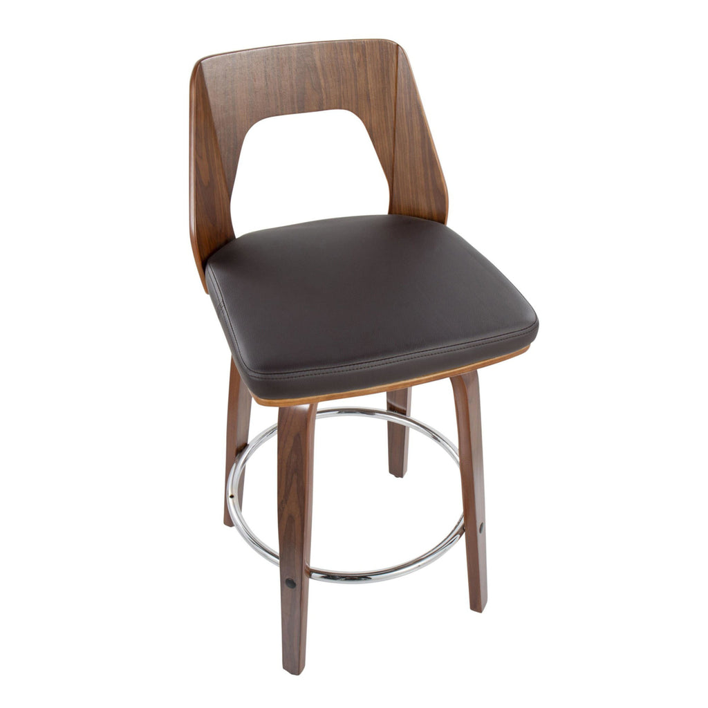 Mid-Century Modern Counter Stool In Walnut And Brown Faux Leather - Set Of 2 Y312962