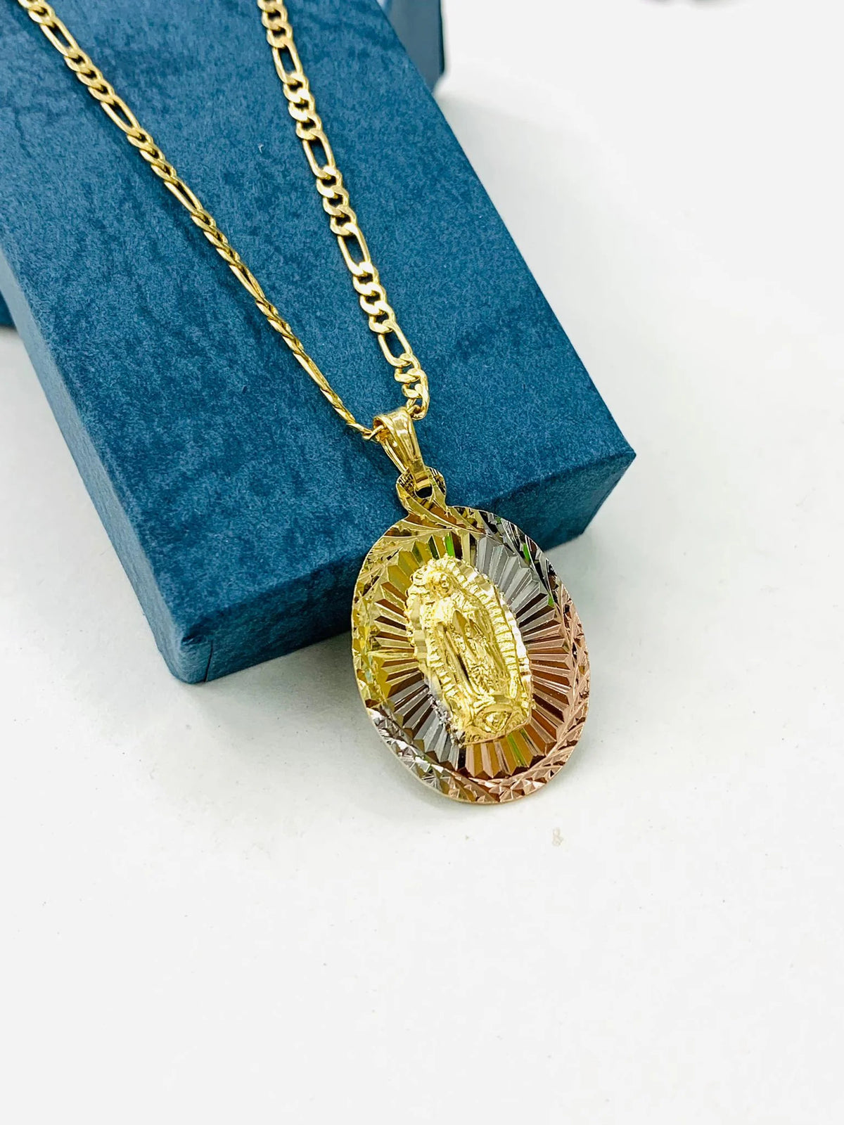 Tri Color Diamond Cut Virgen de Guadalupe Pendant Necklace Figaro Chain 20" Gold Filled Y8332