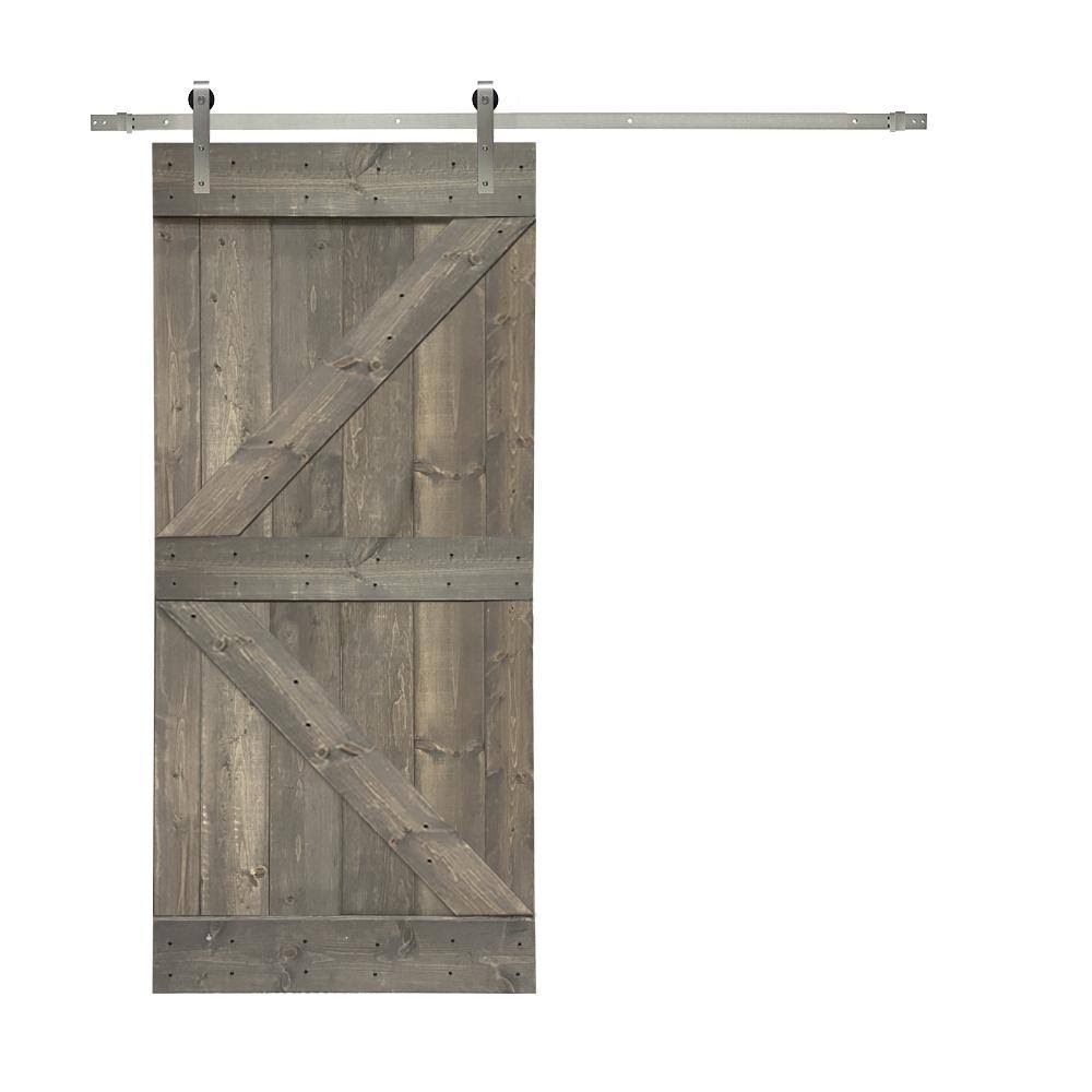 36 in. x 84 in. Gray Stained Knotty Pine Wood Interior Sliding Barn Door with Hardware Kit I1038