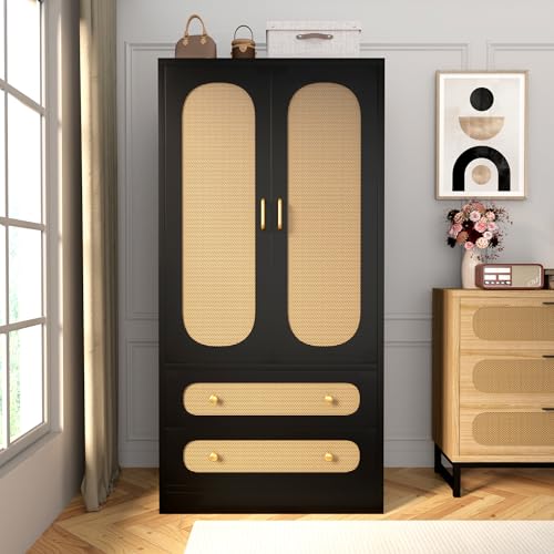 2 Door Rattan Wood Wardrobe with 2 Drawers & Hanging Rail (Black) N93922
