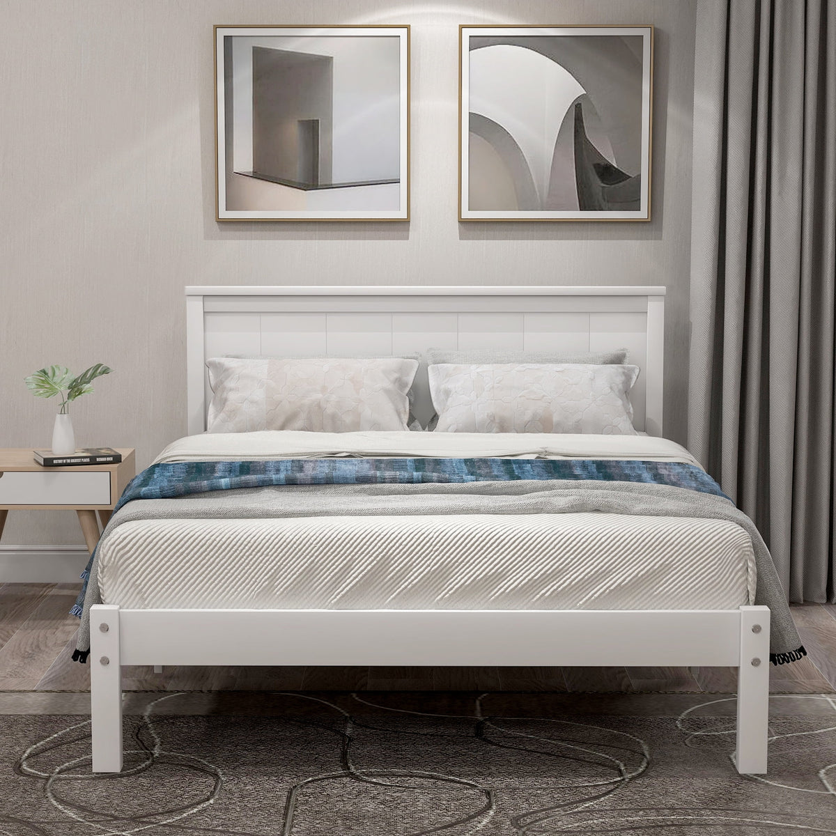White Twin Wood Platform Bed Frame with Headboard E32229