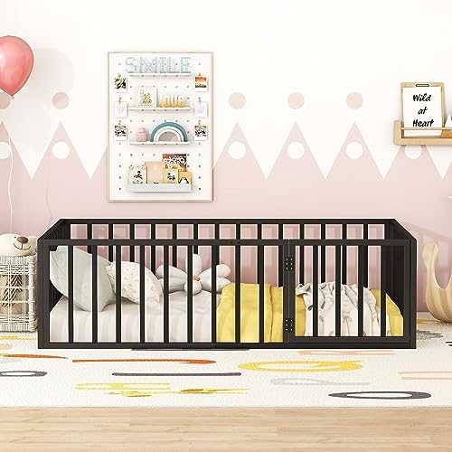 Full Montessori Floor Bed with Door (Black) L477442