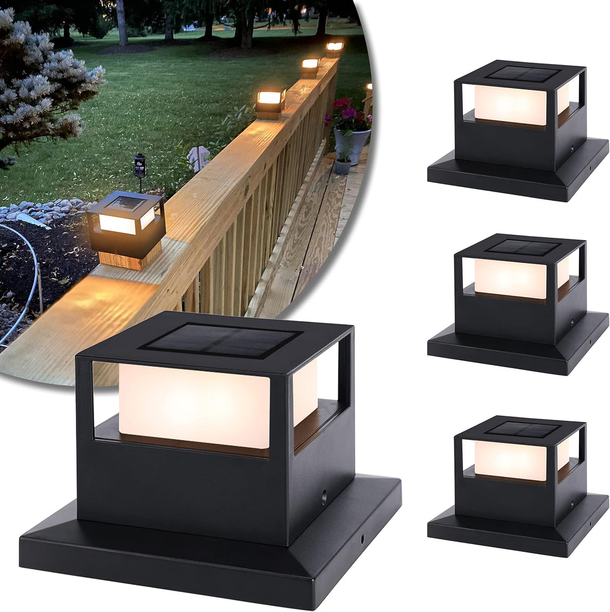 4 Pack Solar Post Cap Lights for Fence Deck Patio, Waterproof, Fits 4x4 5x5 6x6 Wooden Posts A6311