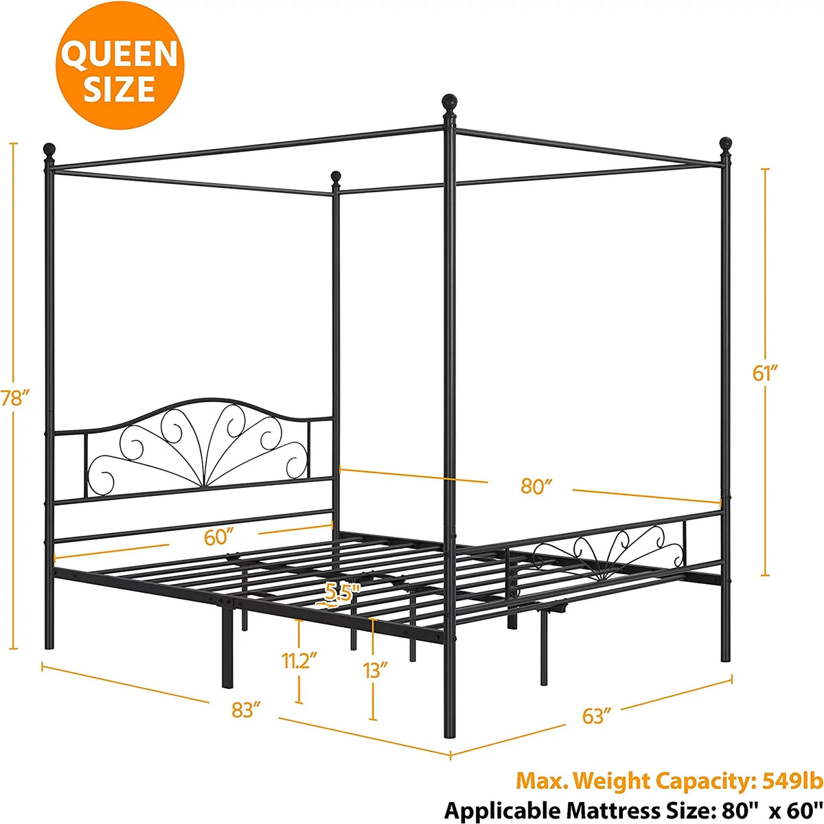 Queen Black Canopy Platform Bed Frame with Headboard and Footboard I728765