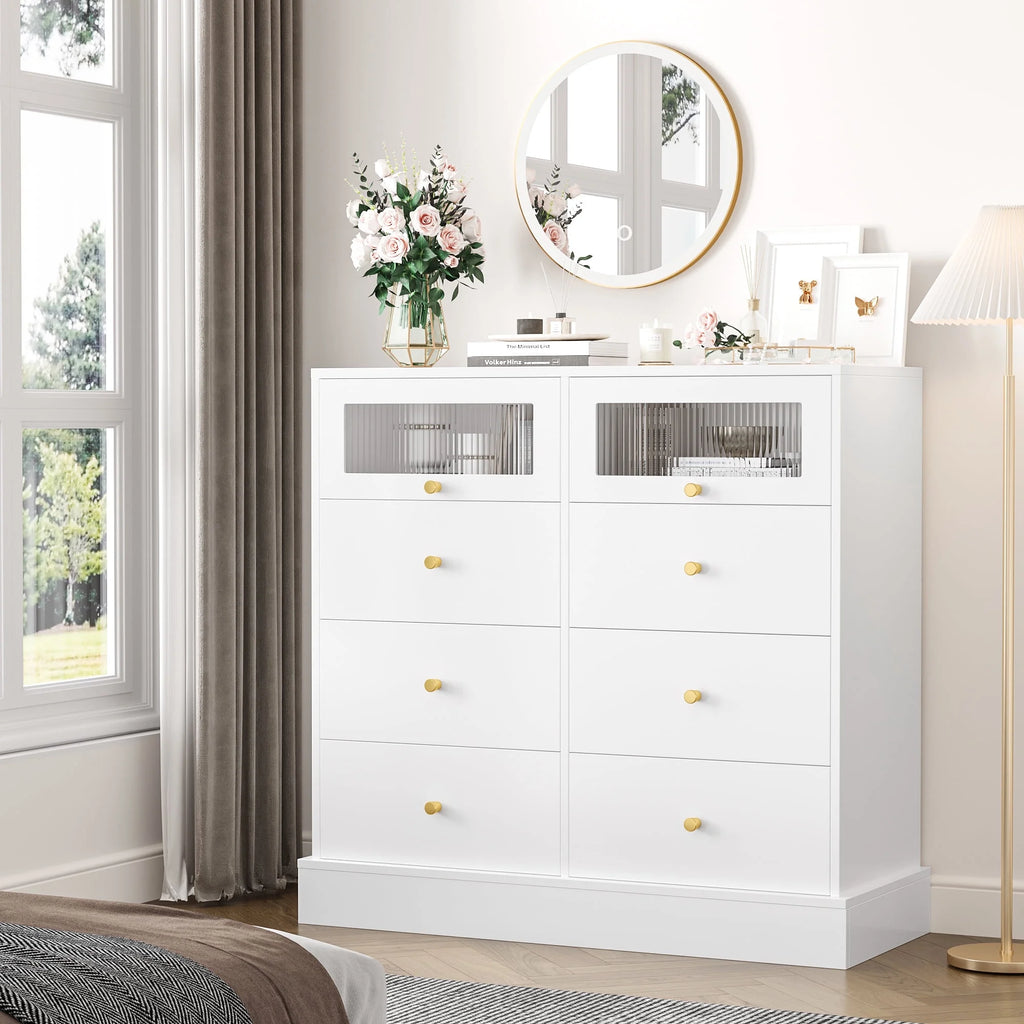 White 8 Drawer Wood Dresser with Glass Doors I844019
