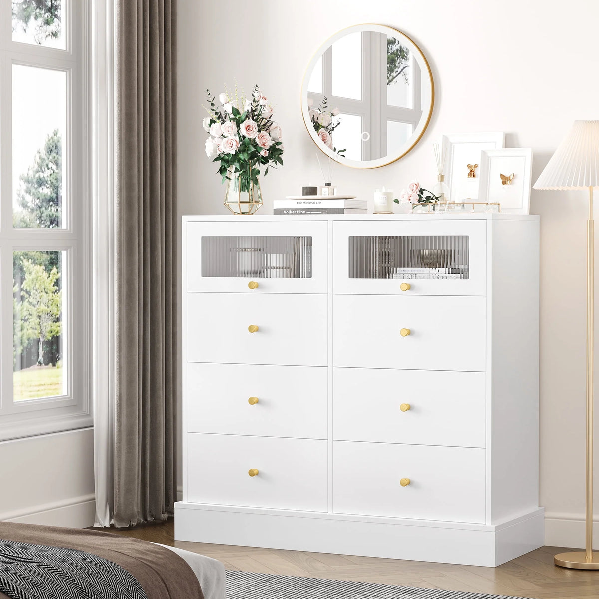 White 8 Drawer Wood Dresser with Glass Doors I844019