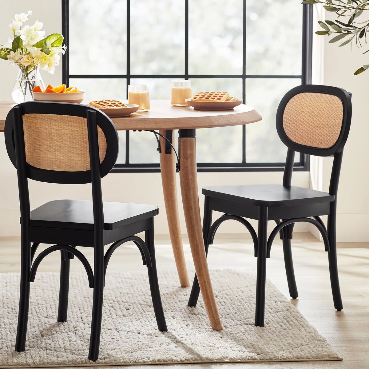 Black Rattan and Solid Wood Dining Chairs B4089