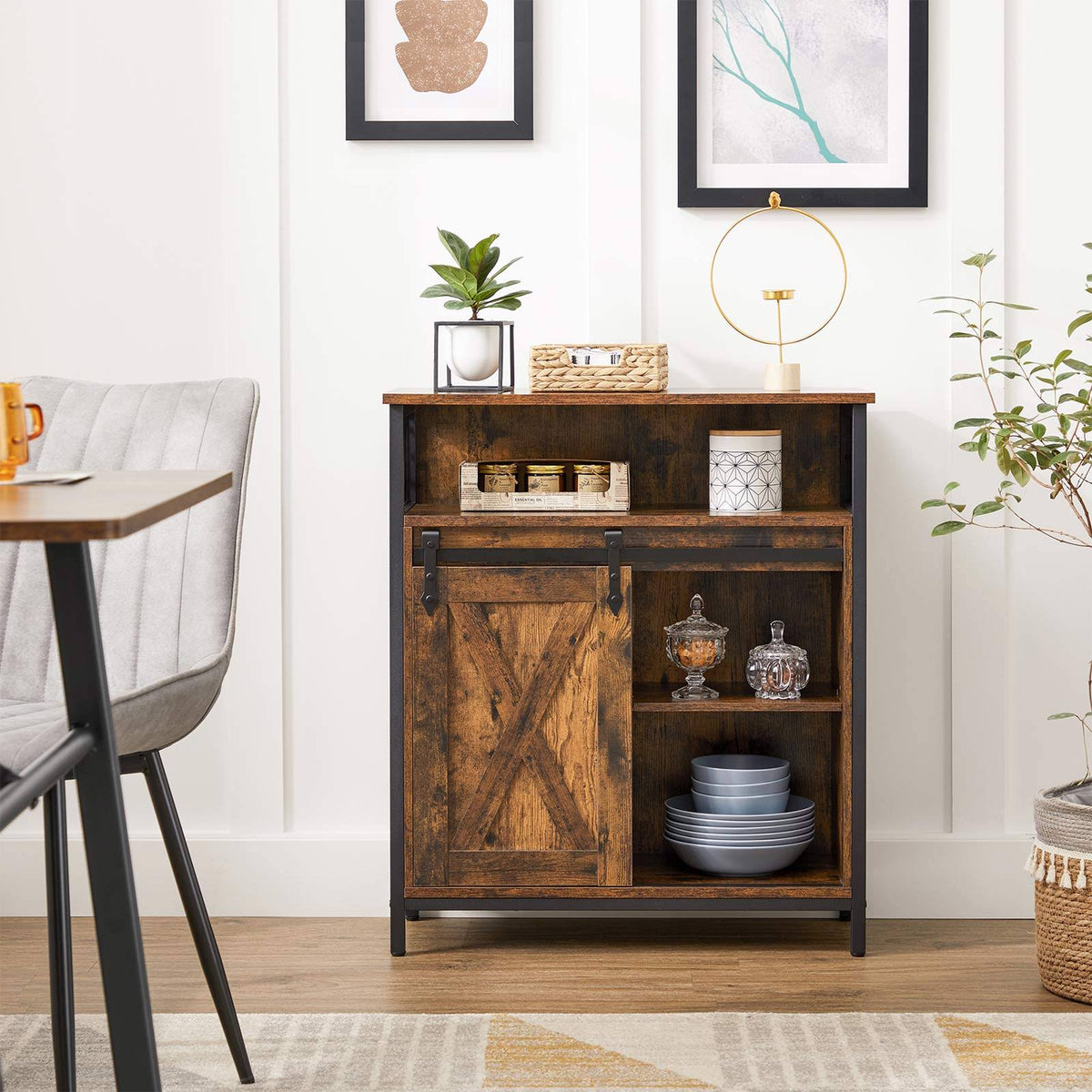 Rustic Brown Black Storage Sideboard with Barn Door E136933