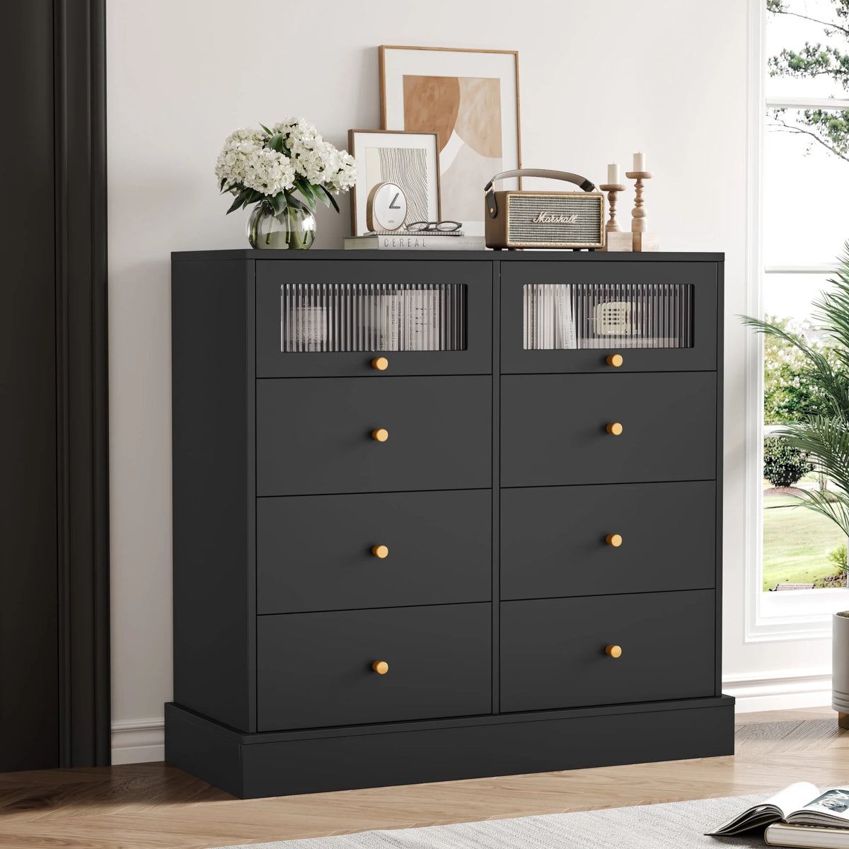 White 8 Drawer Wood Dresser with Glass Doors I844019