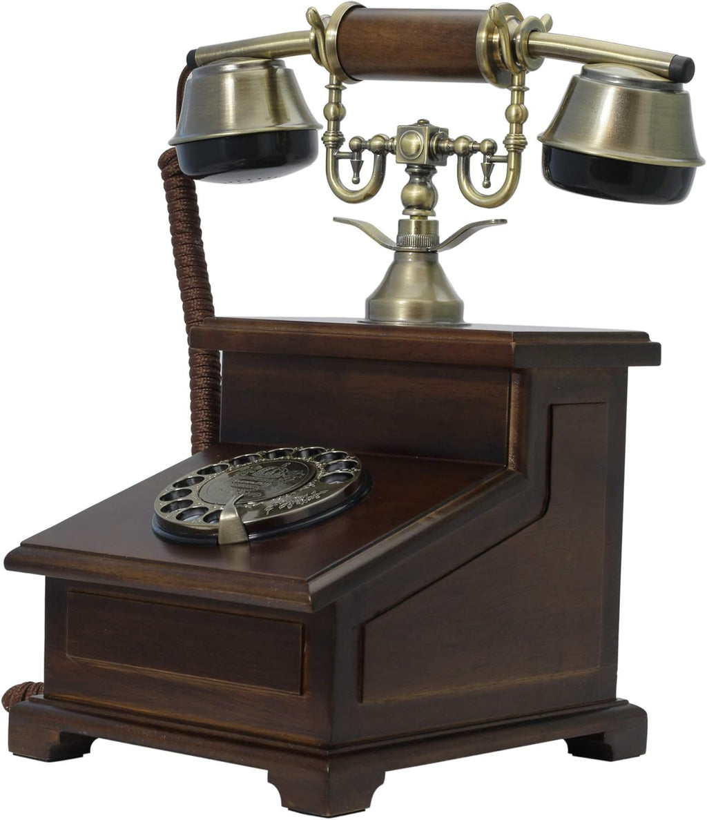Real Wood Retro Telephone with Vintage Rotary Dial and Metal Bell V428