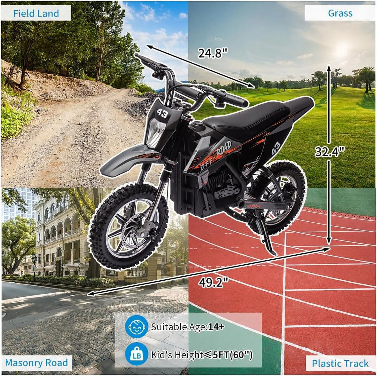 36V Electric Dirt Bike 350W Brushless Motor 15.5MPH Black H59085