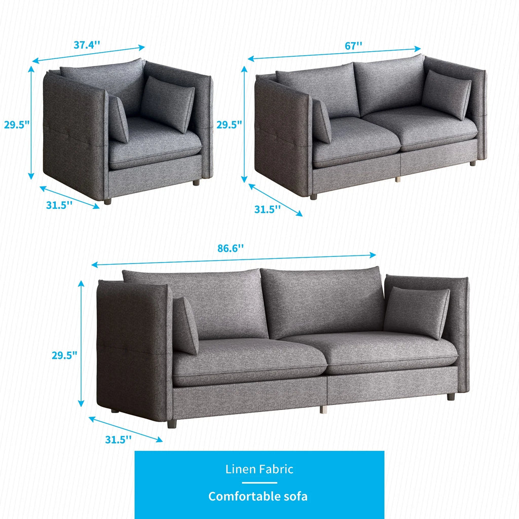 Modern 3 Pieces Linen Fleece Upholstered Sofa Set, Dark Grey M11234