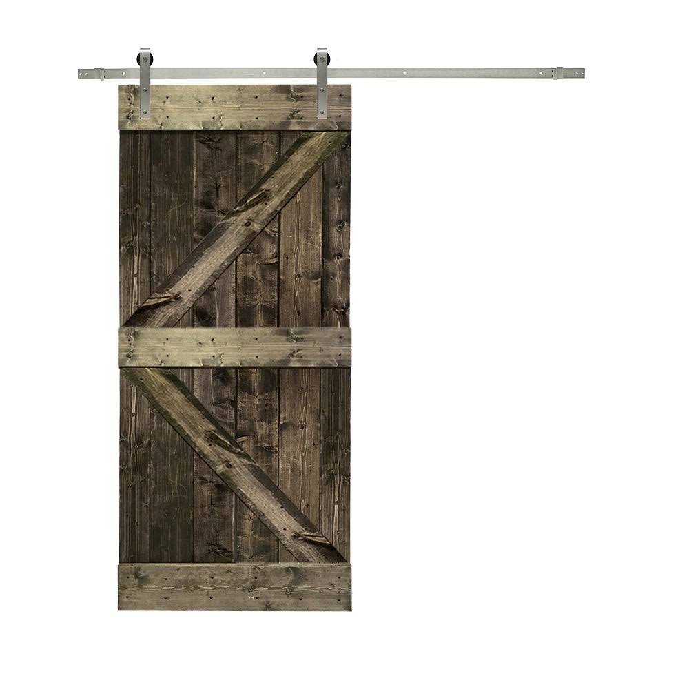 36 in. x 84 in. Gray Stained Knotty Pine Wood Interior Sliding Barn Door with Hardware Kit I1038