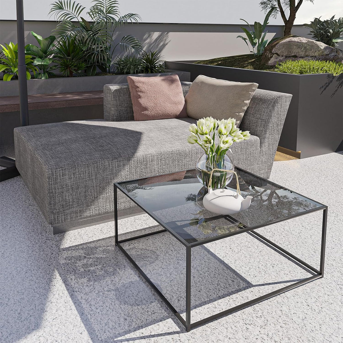 Square Glass Coffee Tables 26.7 x 26.7 x 15.7 Inches Gray Black M45878