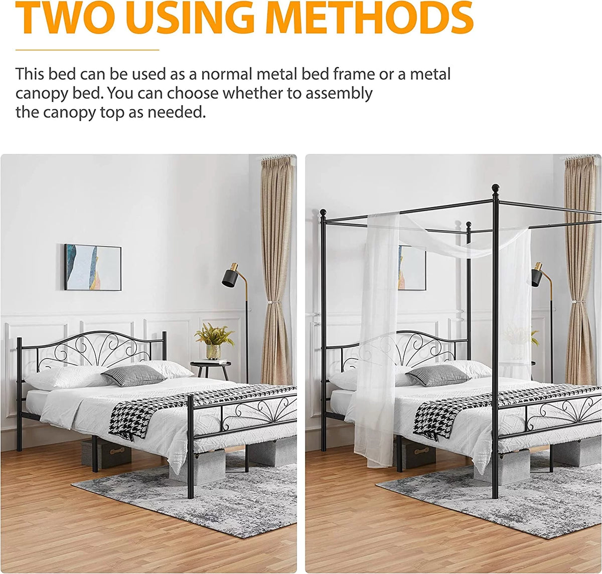 Queen Black Canopy Platform Bed Frame with Headboard and Footboard I728765
