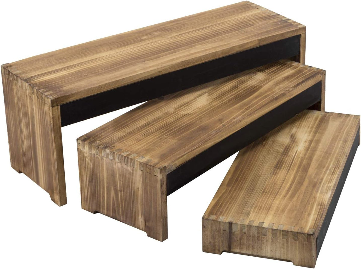3-Tier Burnt Dark Brown Wood Cake Display Stands with Chalkboard Panels H5081