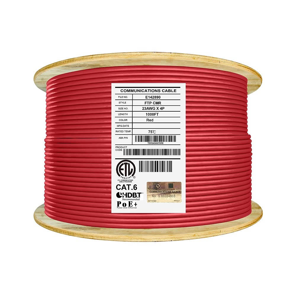 Cat6 Shielded Riser 1000ft F/UTP 23AWG Solid Bare Copper Ethernet Cable Reel Orange A7896