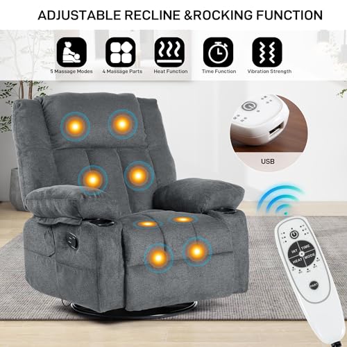 Recliner Chair Massage Fabric Recliners with Heated, 360 Degree Swivel Single Sofa with Cup Holders and Side Pockets Rocking Chair X93338