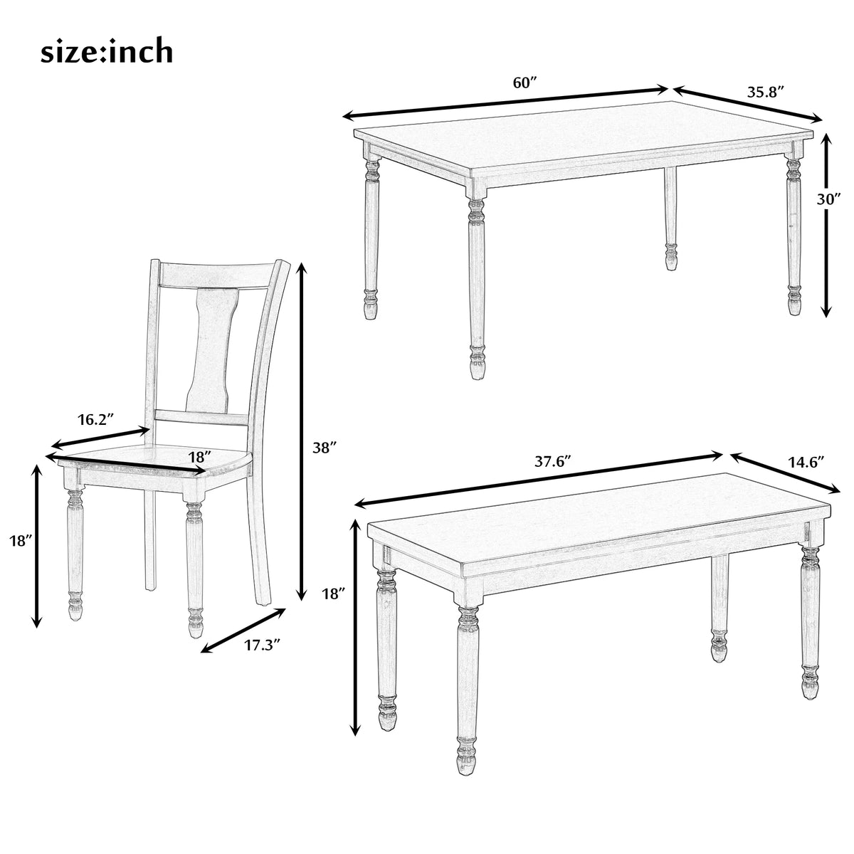 6-Piece Wooden Dining Table and 4 Chairs with Bench Y991237