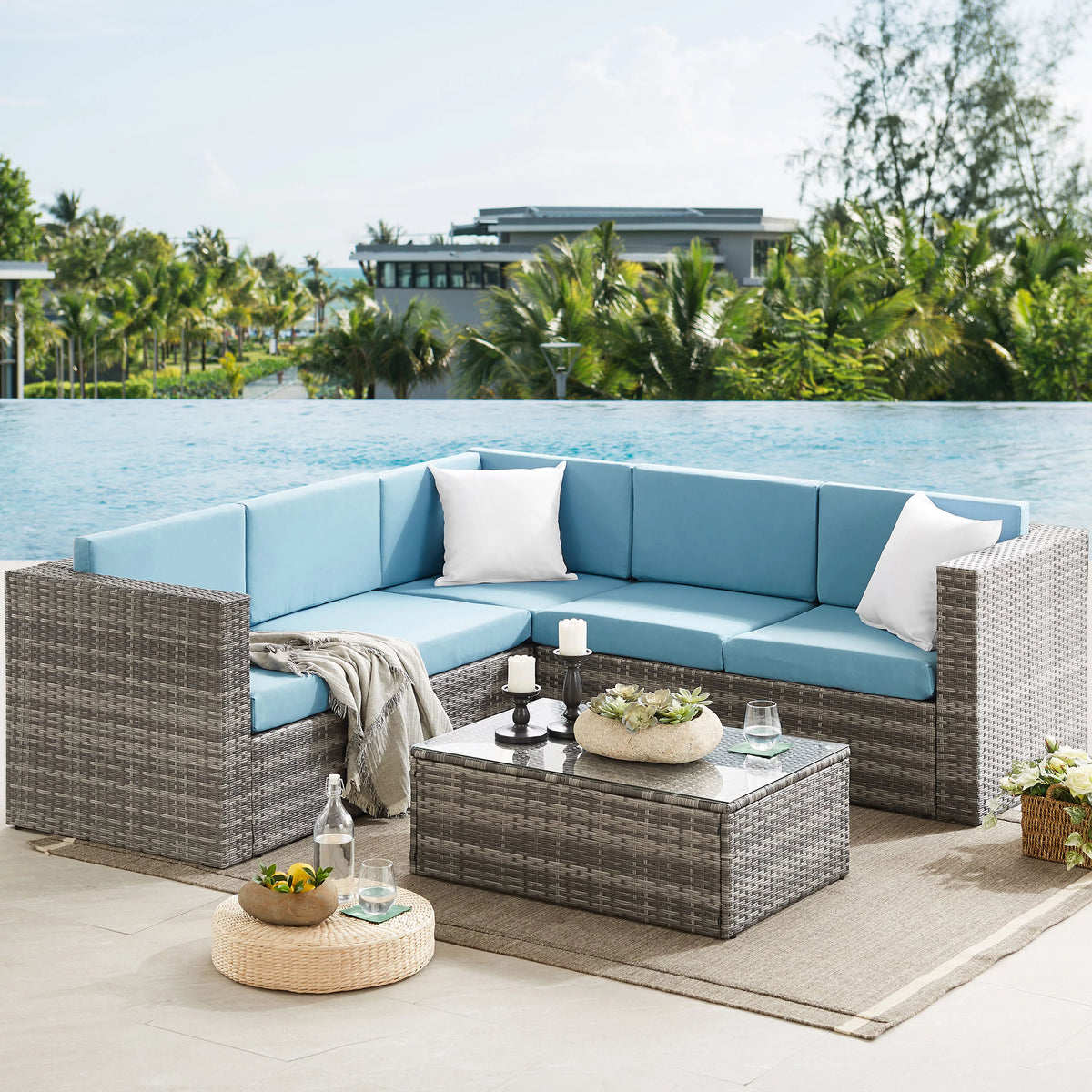 5 Pieces Rattan Wicker Outdoor Sectional Set with Glass Table W214334
