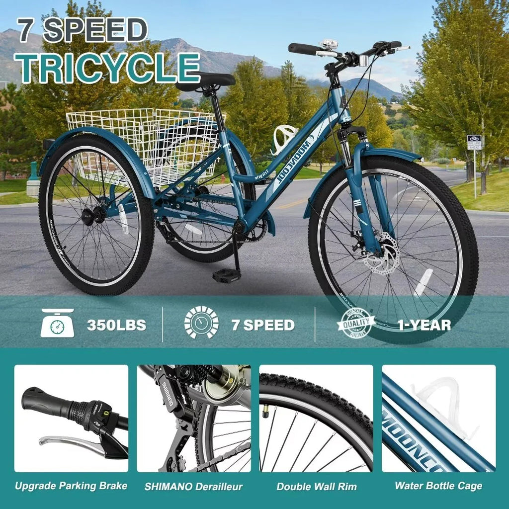 Adult Tricycle 7 Speed 26 Inch Three Wheel Bike with Shopping Basket R47168