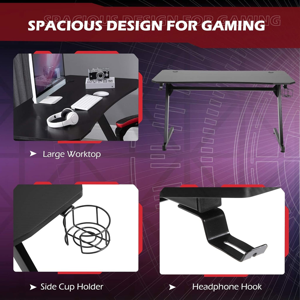 Black Gaming Desk with Cup Holder, Headphone Hook, Cable Management A610332