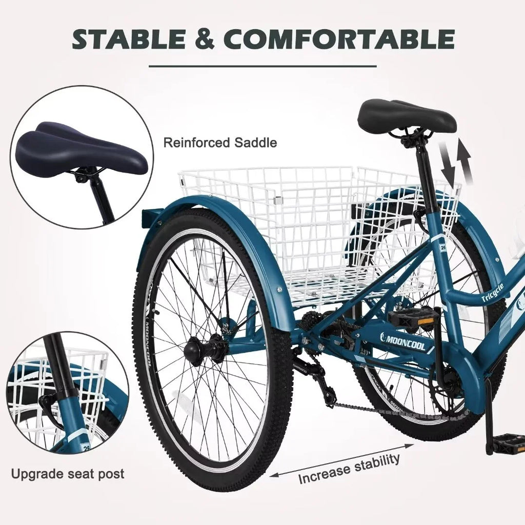 Adult Tricycle 7 Speed 26 Inch Three Wheel Bike with Shopping Basket R47168