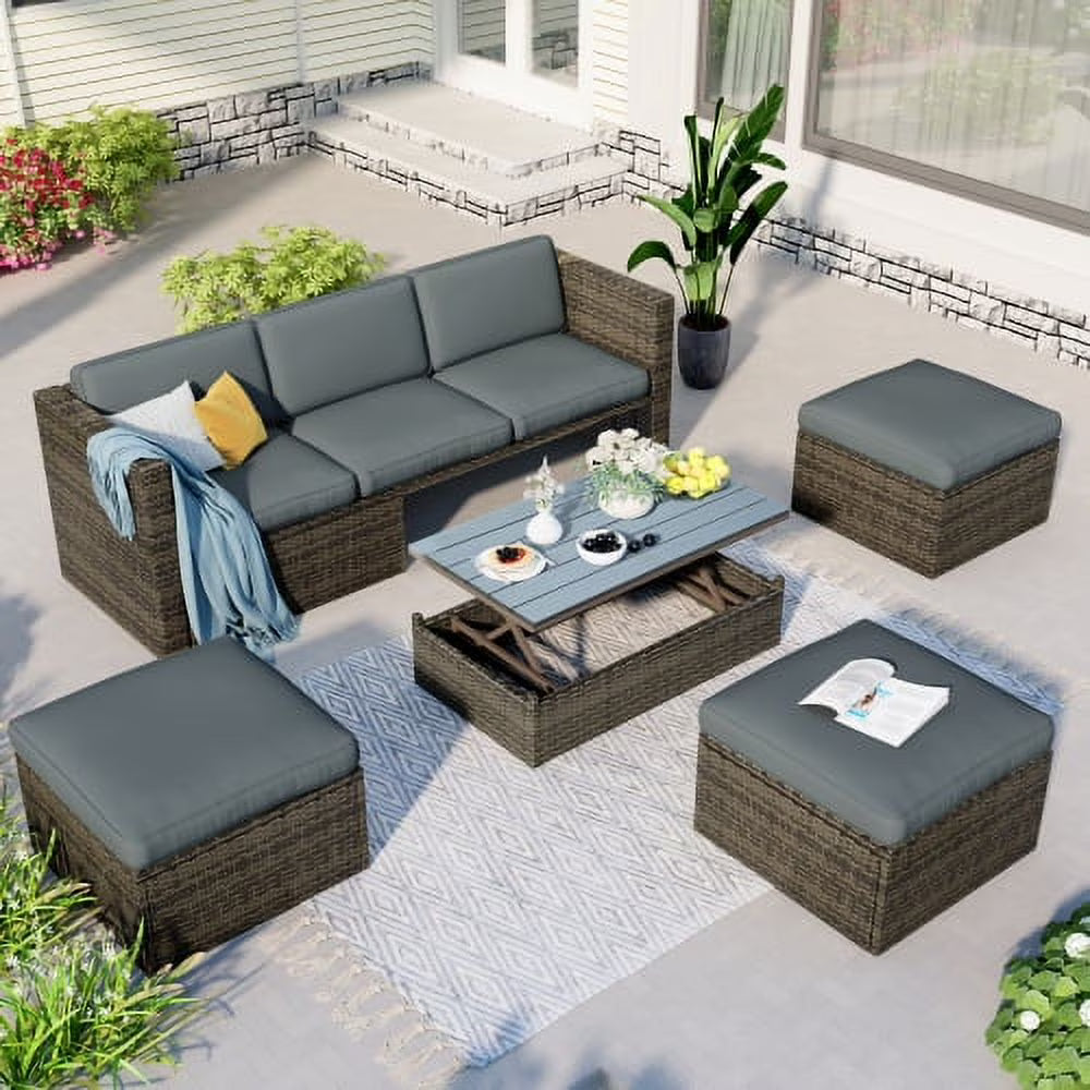 5-Piece Patio Wicker Sofa with Ottomans and Lift Top Coffee Table, Gray Z8739