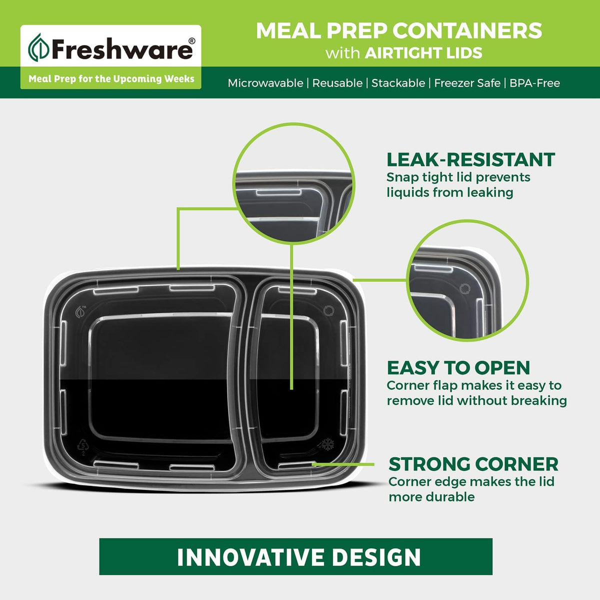 15 Pack 2 Compartment BPA Free Food Storage Containers with Lids E412851