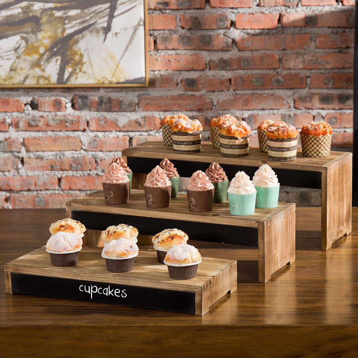 3-Tier Burnt Dark Brown Wood Cake Display Stands with Chalkboard Panels H5081