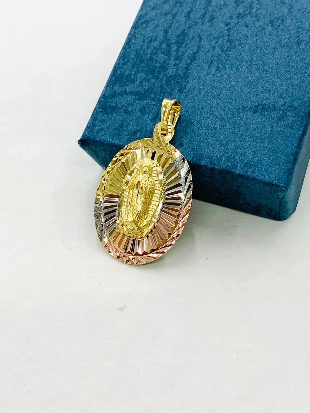 Tri Color Diamond Cut Virgen de Guadalupe Pendant Necklace Figaro Chain 20" Gold Filled Y8332