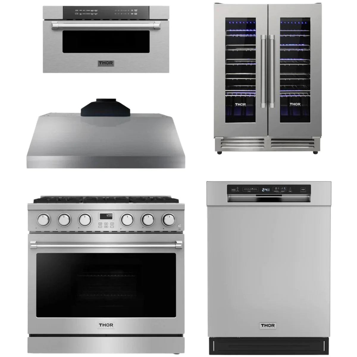 36 Gas Range, Range Hood, Dishwasher, Microwave and Wine Cooler Q66880