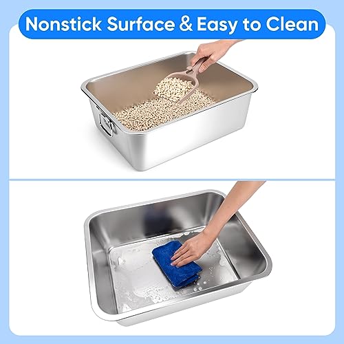Stainless Steel Litter Box with Handle, 17.5" L x 13.5" W x 6" H, Non Stick Smooth Surface A65637