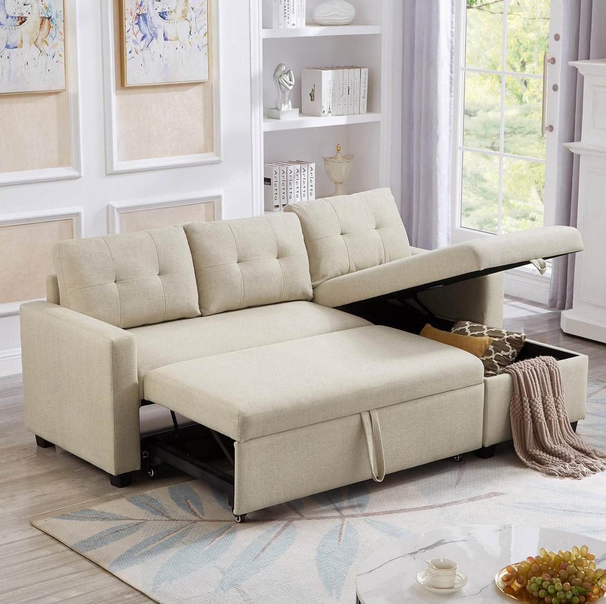 Beige L-Shape Convertible Sofa Sleeper with Pull-Out Bed N5151