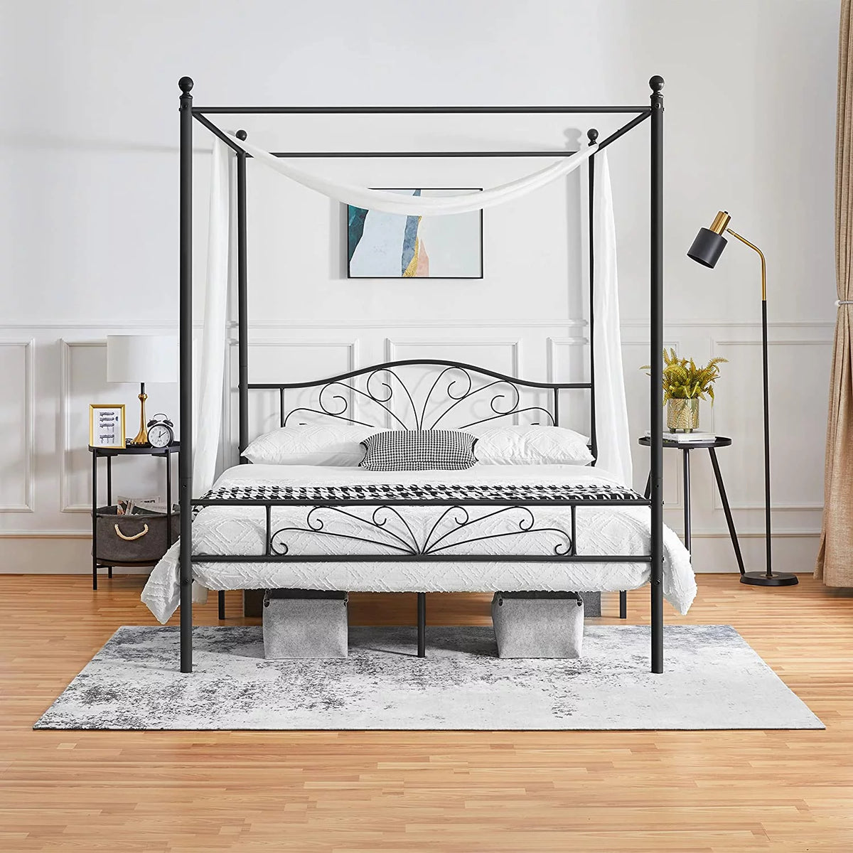 Queen Black Canopy Platform Bed Frame with Headboard and Footboard I728765