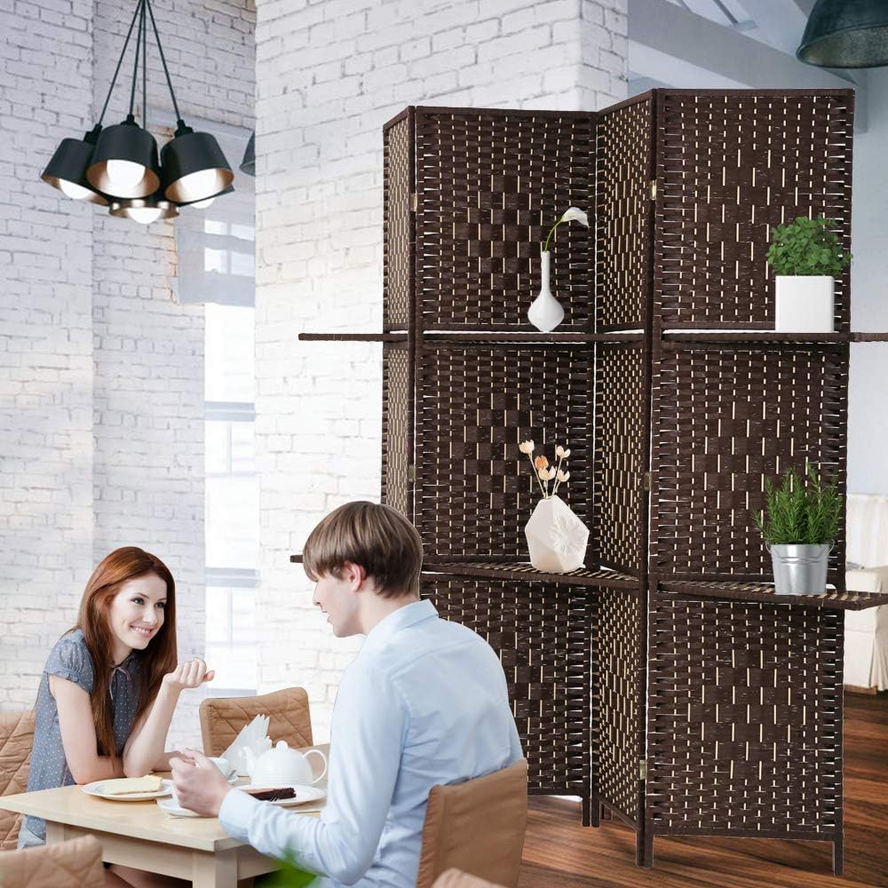 6 FT Tall Extra-Wide Folding Privacy Partition with 2 Shelves Brown H58945