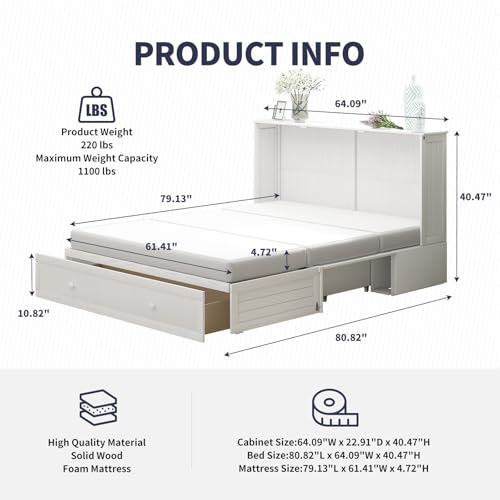 Queen Size Wall Bed with Charging Station, Solid Wood Frame, Burnt Orange I71349