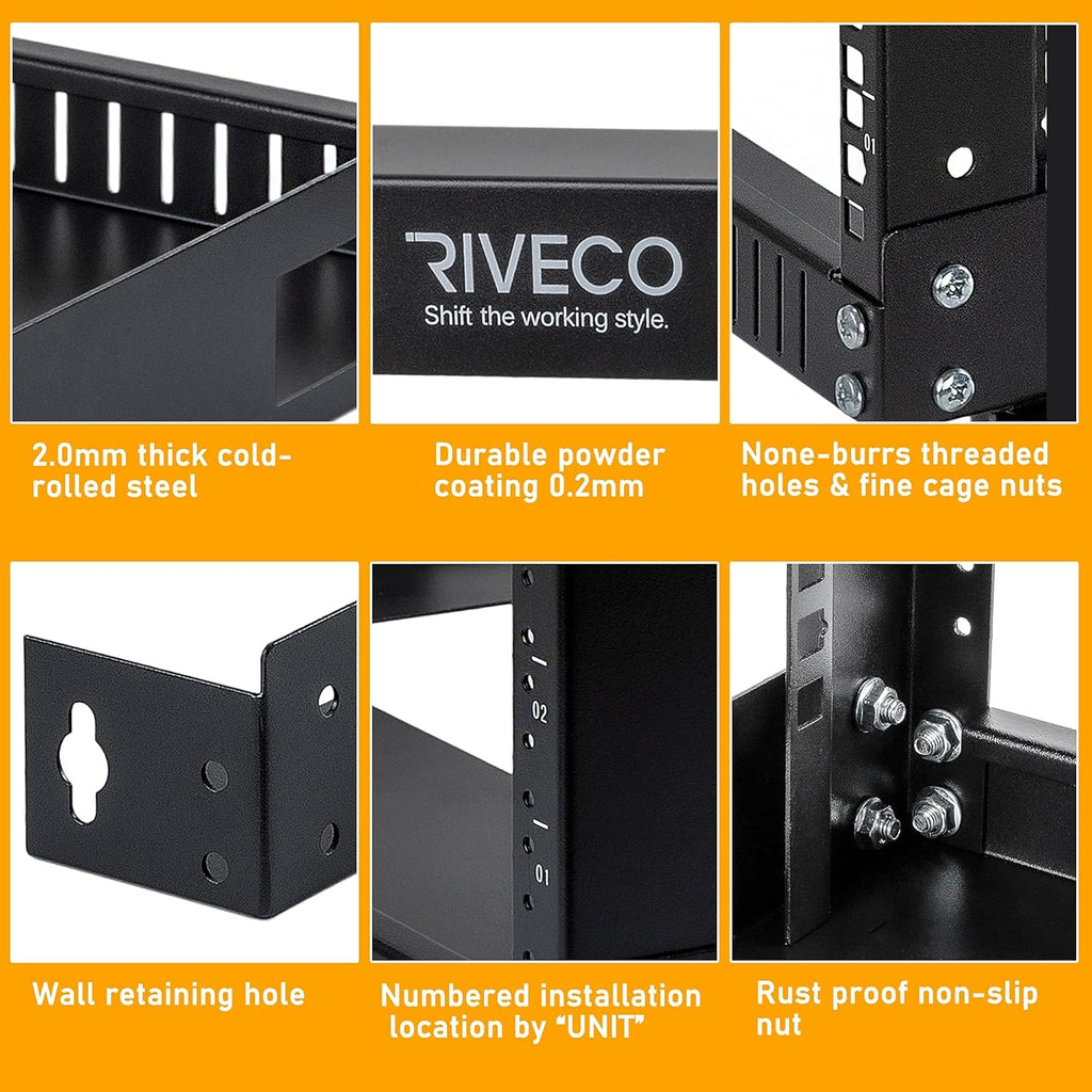 9U Wall Mount Rack, 17.7" Deep 2 Post Open Frame, Black U365