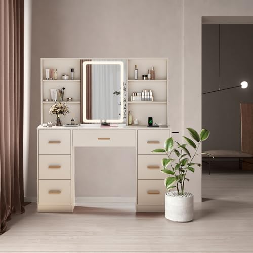 White 7 Drawer Vanity Desk with Mirror and Lights P548520
