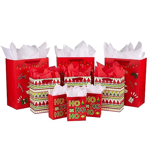Assorted Sizes Christmas Gift Bags with Tissue Paper, 9 Pack V470