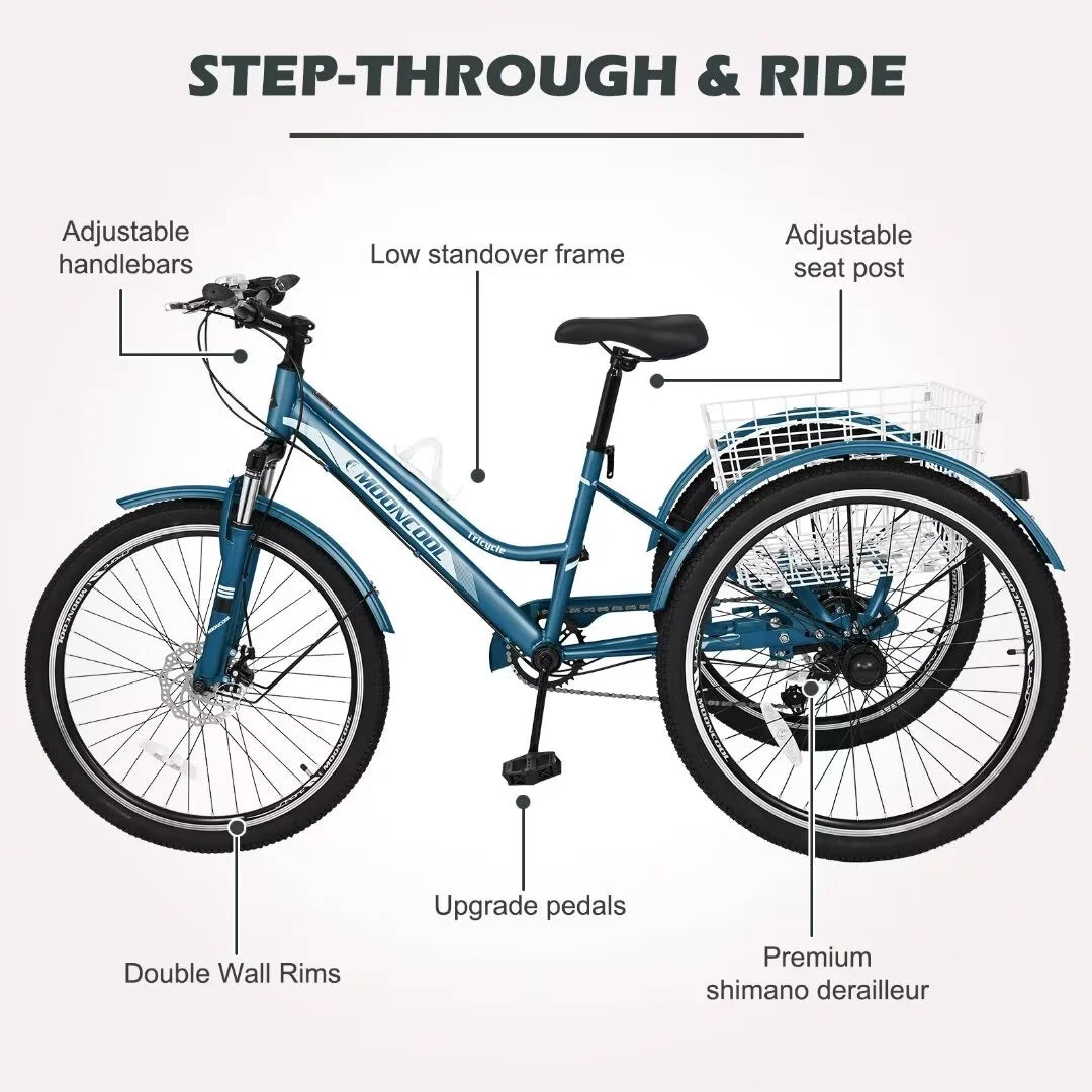 Adult Tricycle 7 Speed 26 Inch Three Wheel Bike with Shopping Basket R47168